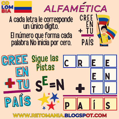 Desafío matemático, Problema matemático, Reto matemático, Retos visuales, Retos mentales, Retos virales, Juegos mentales, Reto mental, Independencia, Independencia de Colombia, Fiestas Patrias, Día de la Independencia, Alfamética, CriptoAritmética, CriptoSuma, CriptoGrama, Suma de palabras, Suma de letras