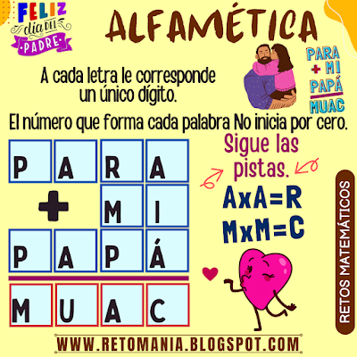 ALFAMÉTICA Desafíos matemáticos, Problemas matemáticos, Retos matemáticos, Retos visuales, Retos mentales, Acertijos mentales, Juegos de Palabras, Suma de Palabras, Suma de Letras, CriptoAritmética, CriptoSuma, Día del Padre, Día de Papá