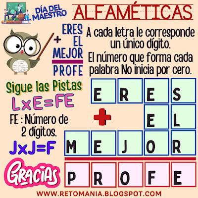 ALFAMÉTICAS: MI PROFE Día del Maestro, Día del Profe, Día del Profesor, Alfaméticas, Criptoaritmética, Criptosuma, Criptograma, Suma de Letras, Suma de Palabras, Retos mentales, Retos virales, Retos matemáticos, Desafíos matemáticos, Acertijos visuales, Acertijos mentales, Aprender Jugando, Jugando aprendo, Matemática Recreativa, Problemas matemáticos, Problemas de lógica, Problemas de Ingenio, MateRecreativa