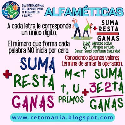 Día del Deporte, Día mundial del Deporte, Día Internacional del Deporte, Alfamética, Alfametika, CriptoAritmética, CriptoSuma, CriptoGrama, Suma de Letras, Suma de Palabras, Juegos Educativos, Juegos mentales, Retos mentales, Retos virales, Acertijos visuales