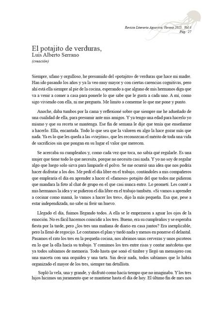 Mi relato «EL POTAJITO DE VERDURAS» publicado en la Revista Literaria Aguaviva.