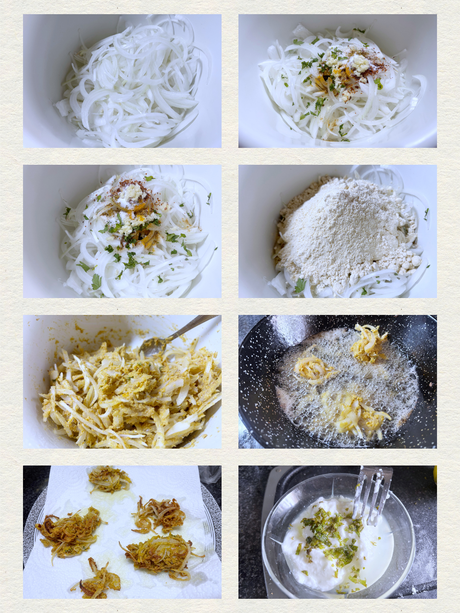 Bhaji de cebolla sin gluten con salsa raita Bhaji de cebolla sin gluten con salsa raita