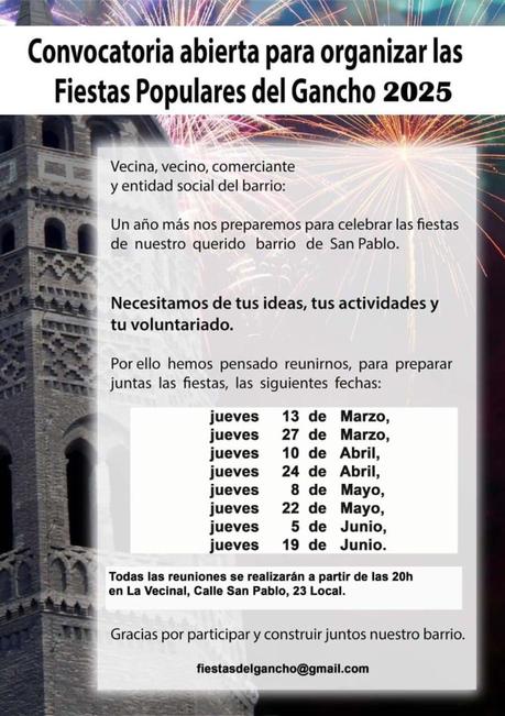 Convocatoria abierta para la organización de las Fiestas Populares del Gancho 2025