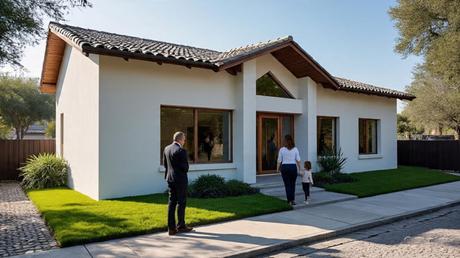 Agente inmobiliario mostrando una casa en Zona Norte a familia que recibe las llaves, representando asesoría profesional en compra de propiedades.