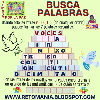 Paz, Semana por la Paz, Día de la Paz, Día Internacional de la Paz, Desafíos matemáticos, Retos matemáticos, Problemas matemáticos, Retos mentales, Retos virales, Juegos mentales, Juegos en el aula, Clases divertidas, Matemática Recreativa, Matemáticas Divertidas, Juegos de Palabras, BuscaPalabras, Palabra Oculta