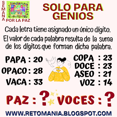 Paz, Semana por la Paz, Día de la Paz, Día Internacional de la Paz, Desafíos matemáticos, Retos matemáticos, Problemas matemáticos, Retos mentales, Retos virales, Juegos mentales, Juegos en el aula, Clases divertidas, Matemática Recreativa, Matemáticas Divertidas,  Solo para Genios, Retos Solo para Genios
