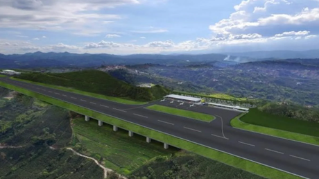 Aeropuerto del Café: abren licitación de $828.423 millones para la Etapa 1 en Palestina, Caldas Render del Aeropuerto del Café en Palestina, Caldas, con pista y terminal proyectadas