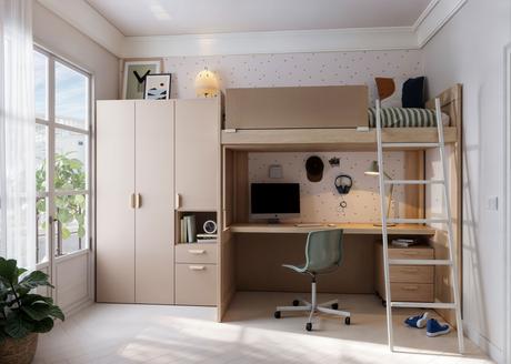 Habitación juvenil a medida con zona de estudio y cama alta