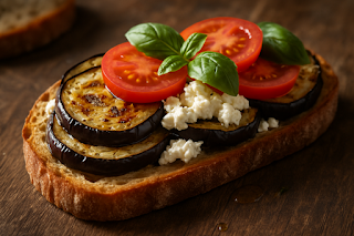 Tosta de Berenjena Asada con Queso Fresco y Tomate