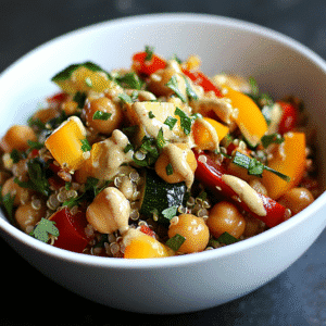 Ensalada de Quinoa con Garbanzos, Verduras de Temporada y Vinagreta de Tahini Ensalada de Quinoa con Garbanzos, Verduras de Temporada y Vinagreta de Tahini