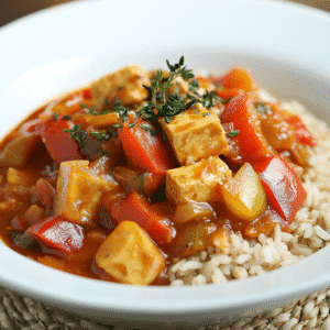 Curry de Verduras de Temporada con Tofu o Tempeh y Arroz Integral Curry de Verduras de Temporada con Tofu o Tempeh y Arroz Integral