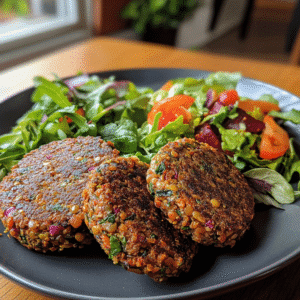 Hamburguesas Vegetarianas Caseras de Lentejas y Remolacha con Ensalada Hamburguesas Vegetarianas Caseras de Lentejas y Remolacha con Ensalada