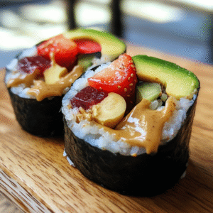 Sushi Dulce de Frutas y Crema de Cacahuete Sushi Dulce de Frutas y Crema de Cacahuete