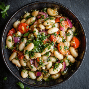 Ensalada templada de judías blancas con vinagreta mediterránea