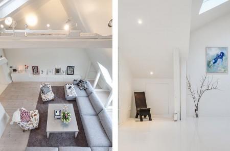 vigas y los pilares vista ventanas en el techo abuhardillado techos altos suelo blanco muebles zapateros mobiliario ligero estilo nórdico estilo escandinavo estanterías de obra en la ducha elemento decorativo diseño de interiores decoración nórdica decoración en blanco decoración de interiores decoración áticos loft altillo y escaleras espacio de trabajo 