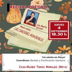 Mi relato «LAS CANCIONES MEMORABLES» leído en el recital «Un otoño en Moya». Mi relato «LAS CANCIONES MEMORABLES» leído en el recital «Un otoño en Moya».