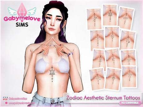 The Sims 4 Zodiac Sternum Tattoos CC – mystical and aesthetic tattoo set featuring feminine designs for all 12 zodiac signs. HQ compatible custom content by Gabymelove Sims.