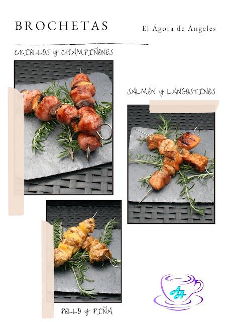 Tres brochetas para barbacoa , salmón , pollo, criollos Tres brochetas para barbacoa El Ágora de Ángeles