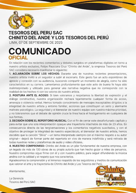 Comunicado Oficial de Tesoros del Perú SAC - Chinito del Ande Comunicado Oficial de Tesoros del Perú SAC - Chinito del Ande