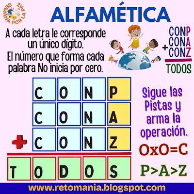 Paz, Semana por la Paz, Día Internacional de la Paz, Desafíos matemáticos, Retos matemáticos, Problemas matemáticos, Retos mentales, Juegos mentales, Retos virales, Acertijos, Acertijos numéricos, Juegos de Palabras, Suma de Palabras, Suma de letras, Alfaméticas, CriptoAritmética, Alfametika