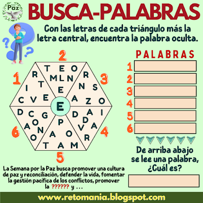 BUSCA-PALABRAS Paz, Semana por la Paz, Día Internacional de la Paz, Desafíos matemáticos, Retos matemáticos, Problemas matemáticos, Retos visuales, Retos virales, Retos mentales, Juegos educativos, Juegos mentales, Juegos en el aula, Aprender jugando, Jugando aprendo, Juegos de Palabras, Palabra Oculta, BuscaPalabras, Palabra escondida, Juegos de Palabras, Retos virales