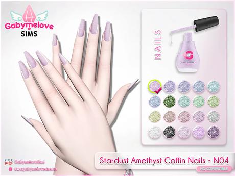Preview of the CC “Stardust Amethyst Coffin Nails • N04” by Gabymelove Sims for The Sims 4. Long coffin-shaped nails with holographic iridescent texture in multiple colors: lilac, purple, green, silver and more. HQ compatible.
