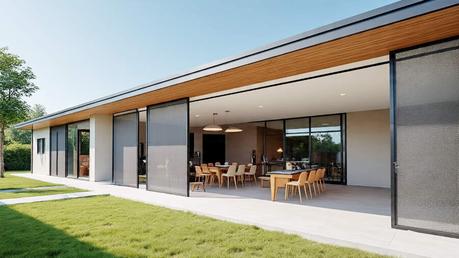 Vista del living principal de la casa de arquitectura contemporánea, donde los ventanales de piso a techo se funden con el jardín y la piscina, creando una integración total entre el interior y el exterior.