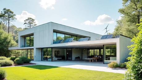 Perspectiva de la fachada que muestra su dinamismo y el camino de ingreso que jerarquiza el acceso. Los volúmenes cuadrados y las pergolas de madera generan un juego de luces y sombras característico de la arquitectura contemporánea.