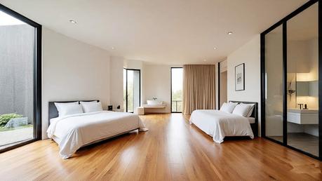 Dormitorio principal con atmósfera de lujo moderno, donde el piso de madera de incienso y los amplios ventanales enmarcan vistas privadas al jardín, creando un espacio de descanso luminoso y conectado con la naturaleza.