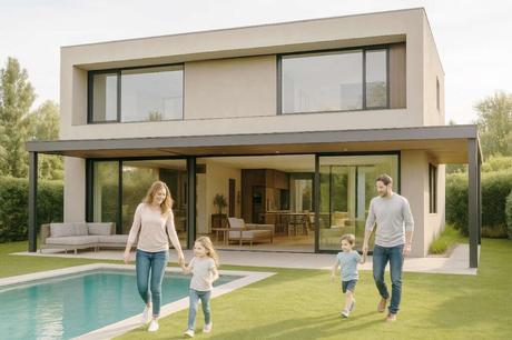 Fachada moderna de casa de 3 dormitorios en planta baja, con cochera doble, revoque símil piedra y galería con parrilla en el patio trasero.