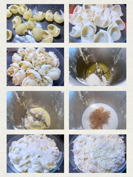 Galets rellenos de mar con bechamel