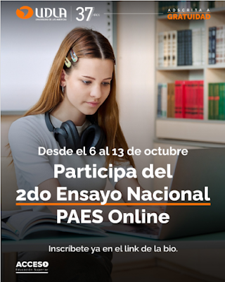 Invitación de la Universidad de Las Américas (UDLA) para participar gratuitamente en el 2° Ensayo Nacional PAES Online 2025. Invitación de la Universidad de Las Américas (UDLA) para participar gratuitamente en el 2° Ensayo Nacional PAES Online 2025.