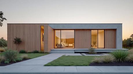 Diseño de Casa Moderna de 3 Dormitorios: Un Anteproyecto que Marca la Diferencia Vista frontal de casa moderna de 3 dormitorios en planta baja, con fachada de hormigón texturado y madera, ventanales grandes y cochera doble. Atardecer y jardín minimalista.