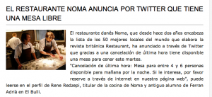 El restaurante Noma anuncia que tiene mesa por twitter