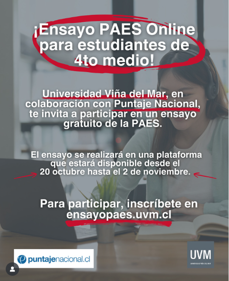 Invitación para participar en el Ensayo PAES 2025 Online de la Universidad de Viña del Mar. Invitación para participar en el Ensayo PAES 2025 Online de la Universidad de Viña del Mar.