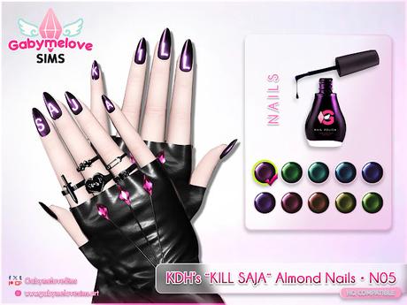 Sims 4 custom content – long almond chrome nails inspired by K-Pop Demon Hunters, featuring a violet metallic finish and glowing white “KILL SAJA” text. Elegant and futuristic manicure CC by Gabymelove Sims.