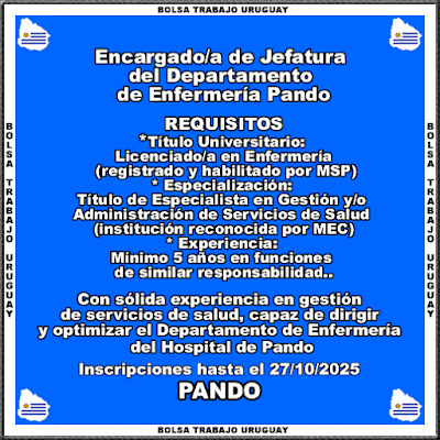 Encargado-a de Jefatura del Departamento de Enfermería Pando Encargado-a de Jefatura del Departamento de Enfermería Pando
