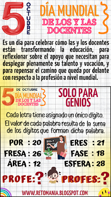 SOLO PARA GENIOS Día del Profesor, Día del Maestro, Día mundial del Docente, Día mundial de los y las Docentes, Desafíos matemáticos, Retos matemáticos, Problemas matemáticos, Problemas de lógica, Problemas de Ingenio, Retos mentales, Retos virales, Juegos de lógica, Juegos mentales, Solo para Genios, Retos Solo para Genios, Juegos de números