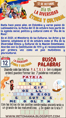 BUSCAPALABRAS Día de la Diversidad, Día de la Raza, Encuentro de 2 mundos, Día de la Hispanidad, Día de la Diversidad Étnica y Cultural, Retos matemáticos, Retos mentales, Juegos mentales, Retos virales, Matemáticas Divertidas, Matemáticas Recreativas, Clases Divertidas, Jugando aprendo, Aprender jugando, BuscaPalabras, Palabra oculta, Juegos de Palabras, La pirámide, Palabra escondida