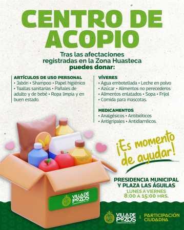 Villa de Pozos mantiene centros de acopio en apoyo a familias de la Zona Huasteca