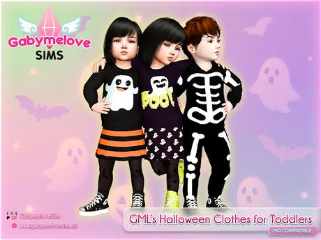 Three Sims 4 toddlers wearing Halloween clothes — ghost sweatshirt, striped skirt, and skeleton outfit — part of GML’s Halloween Clothes for Toddlers collection.