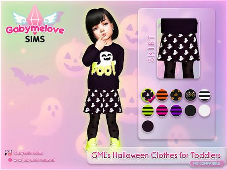 The Sims 4 CC | Clothing: GML’s Halloween Clothes for Toddlers Collection | Skirt Toddler Sim modeling Halloween skirts for toddlers with ghost and pumpkin prints, part of GML’s Halloween Clothes for Toddlers collection.