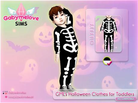 The Sims 4 CC | Clothing: GML’s Halloween Clothes for Toddlers Collection | Skeleton Costume Toddler Sim wearing a full skeleton outfit from GML’s Halloween Clothes for Toddlers set, displayed on a pastel Halloween-themed background.