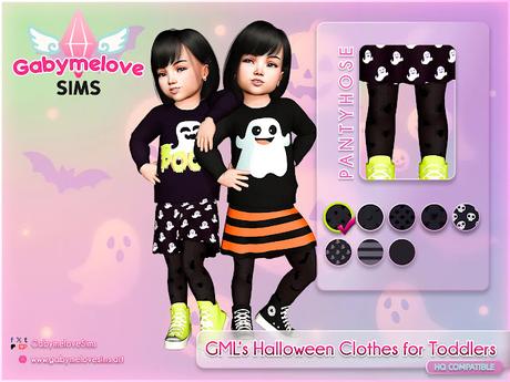 The Sims 4 CC | Clothing: GML’s Halloween Clothes for Toddlers Collection | Pantyhose Two Sims 4 toddlers showing Halloween pantyhose for toddlers with ghost and spider patterns, part of GML’s Halloween Clothes for Toddlers set.