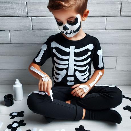 🦴 1. Disfraz De Esqueleto  Nino Con Una Camiseta Y Unos Pantalones Negros Y Recortar Tiras De Tela