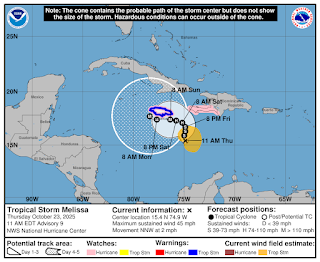 Lluvias intensas en sur dominicano por ciclón Melissa.