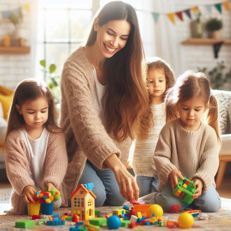 Mama Con Ninos Recogiendo Juguetes