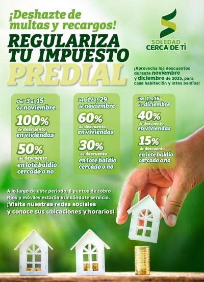 Este sábado, inician descuentos en multas de impuesto Predial para baldíos y viviendas en Soledad Este sábado, inician descuentos en multas de impuesto Predial para baldíos y viviendas en Soledad
