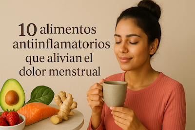 alimentos-antiinflamatorios-dolor-menstrual.jpg Mujer disfrutando una taza mientras muestra alimentos antiinflamatorios como aguacate, salmón, jengibre y fresas, relacionados con el alivio del dolor menstrual.