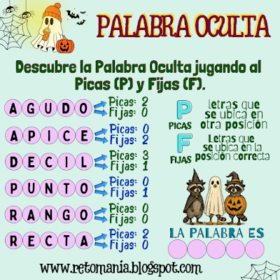PALABRA OCULTA Retos matemáticos, Desafíos matemáticos, Problemas matemáticos, Día de las Brujas, Halloween, Aprender jugando, Jugando aprendo, Juegos Halloween, Retos mentales, Retos visuales, Retos virales, Pasatiempos, Matemática Recreativa, MateRecreativa, Clases Divertidas, Clase Dinámicas, Juegos de Palabras, Palabra oculta, BuscaPalabras, Picas y Fijas